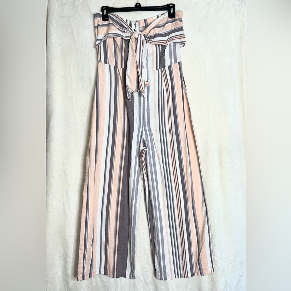 Small tube zip up jumpsuit. Stripped rose, white and gray. Over the ankle length